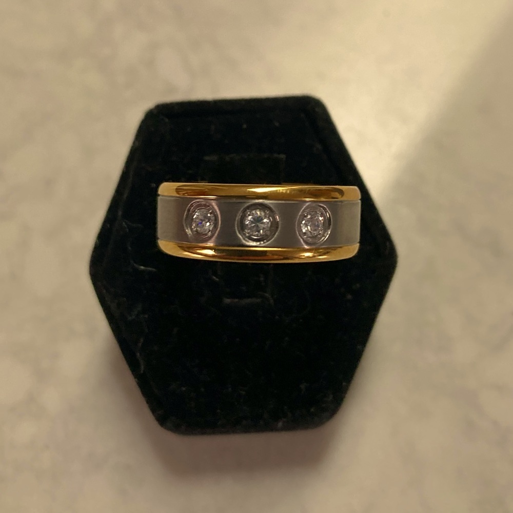 COPY - Titanium band 3 CZ stones GP edge & interior Size 8 Two tone Smooth fini…